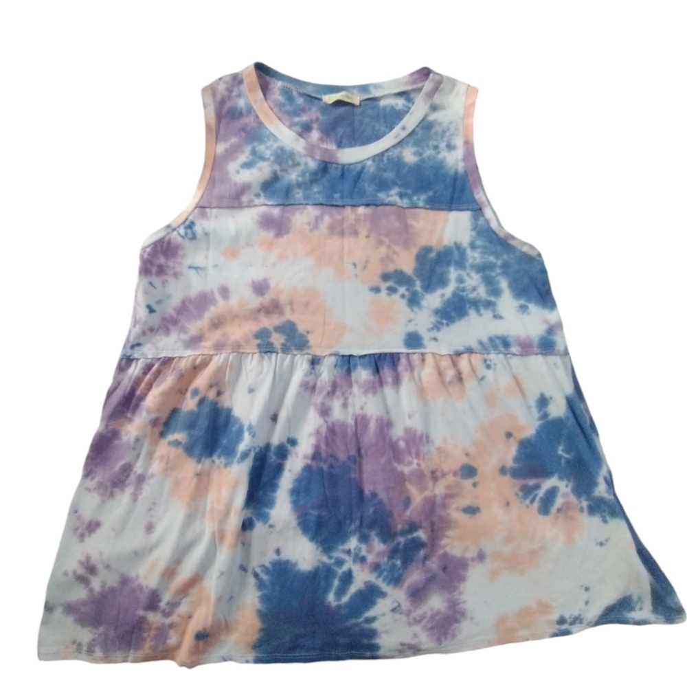 Cotton Blue Tie Dye L Tierd Sleeveless Tunic Top Streetwear Boho Whimsical Femin